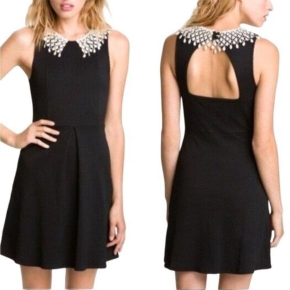 FREE PEOPLE | Ivory Crochet Collar Waffle Texture Black Dress Women’s Size S/M - Picture 1 of 9